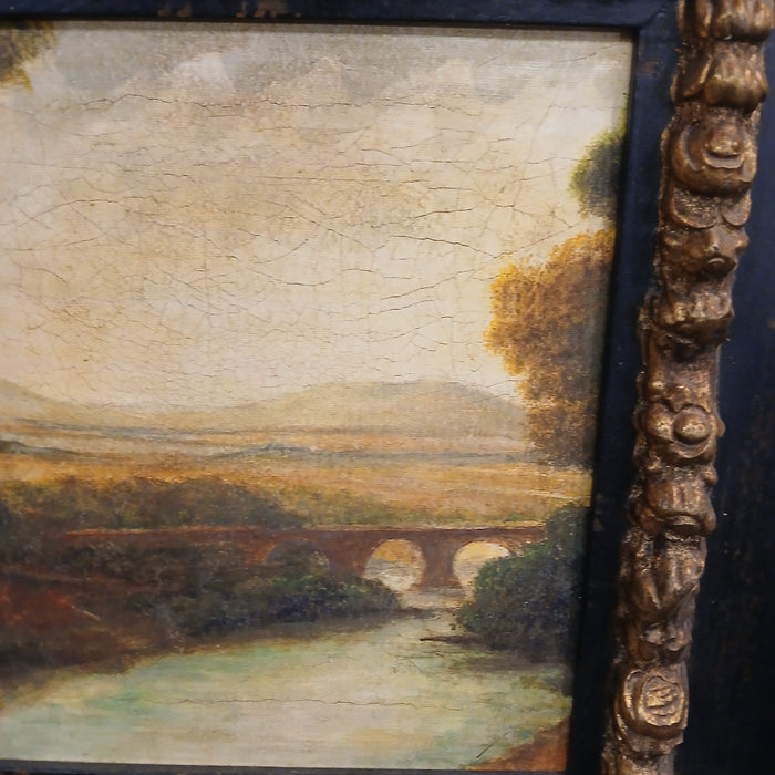 BLACK FRAMED OIL PAINTING LANDSCAPE WITH BRIDGE  IN BLACK FRAME