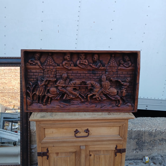 MEDIEVAL JOUSTING SCENE RELIEF CARVED OAK PANEL