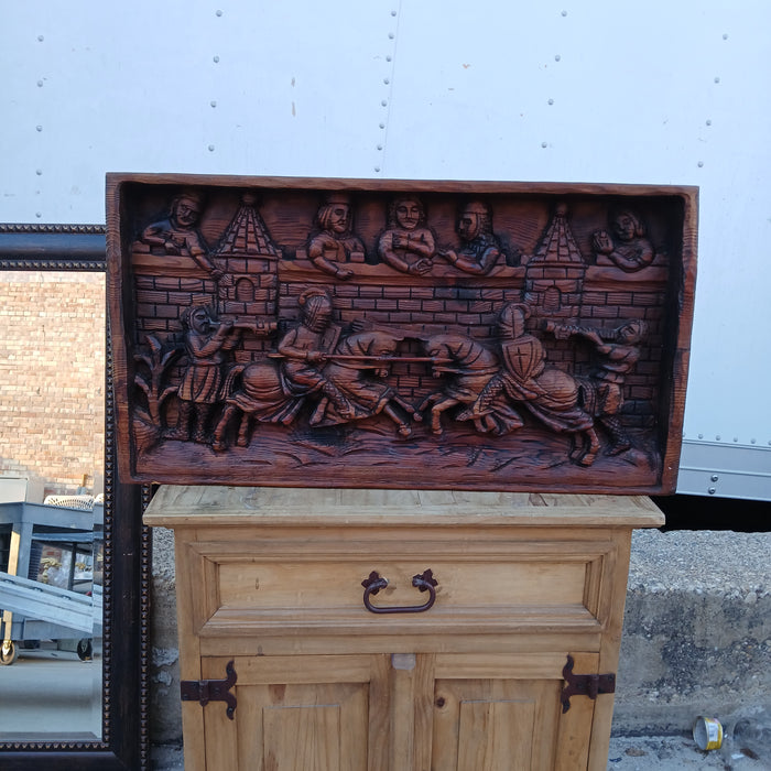 MEDIEVAL JOUSTING SCENE RELIEF CARVED OAK PANEL