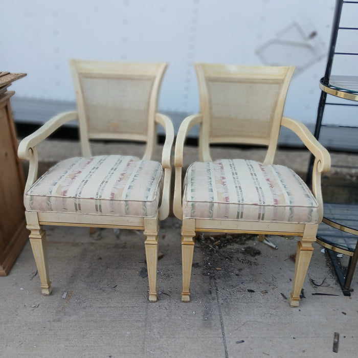 PAIR OF LOUIS XVI CANE BACK PAINTED ARMCHAIRS- 1 WITH AS FOUND CANE