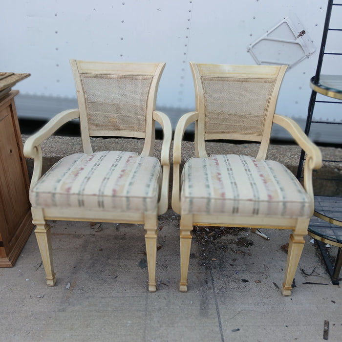 PAIR OF LOUIS XVI CANE BACK PAINTED ARMCHAIRS- 1 WITH AS FOUND CANE