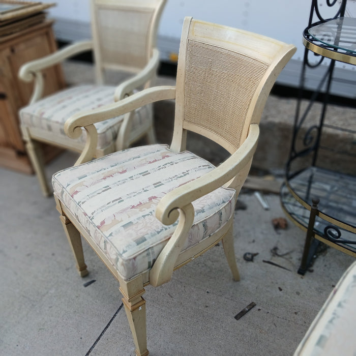 PAIR OF LOUIS XVI CANE BACK PAINTED ARMCHAIRS- 1 WITH AS FOUND CANE