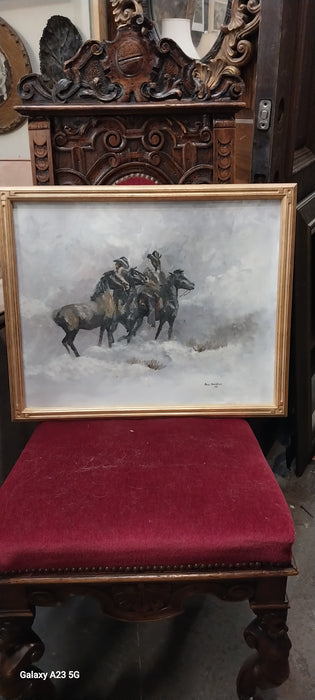 FRAMED COWBOYS IN WINTER OIL PAINTING SIGNED PAUL SANCHEZ
