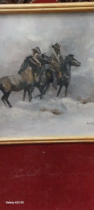 FRAMED COWBOYS IN WINTER OIL PAINTING SIGNED PAUL SANCHEZ