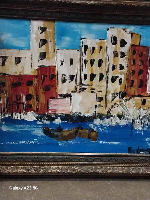 MID CENTURY MODERN FRAMED OIL PAINTING OF VENICE
