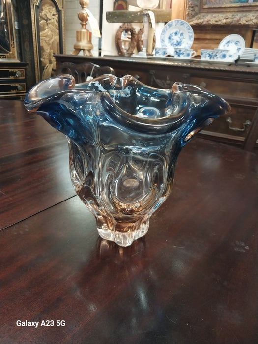 LARGE MURANO WAVY PEACH AND PURPLE GLASS VASE