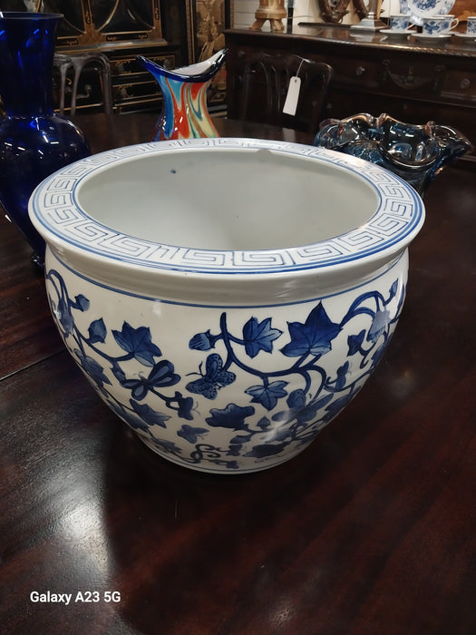 BLUE AND WHITE FISH BOWL PLANTER