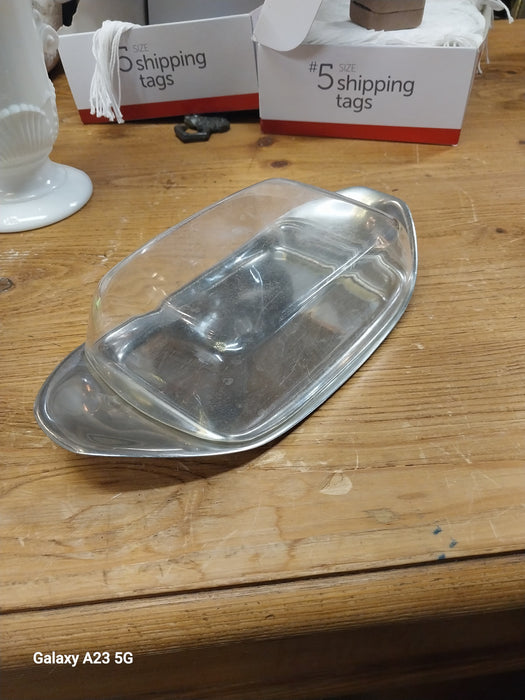 MIDCENTURY LUCITE AND SILVERPLATE BUTTER DISH