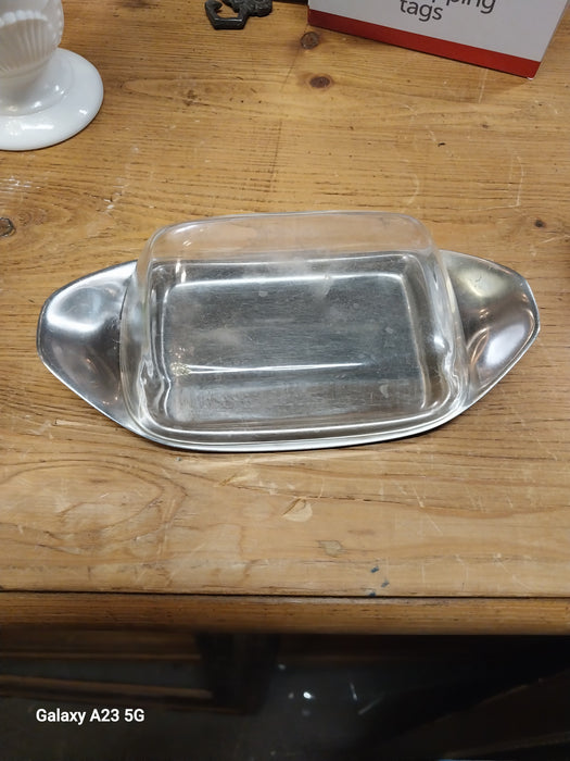MIDCENTURY LUCITE AND SILVERPLATE BUTTER DISH