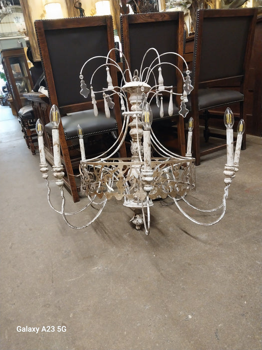SHABBY WHITE WOOD AND METAL CHANDELIER WITH CRYSTALS