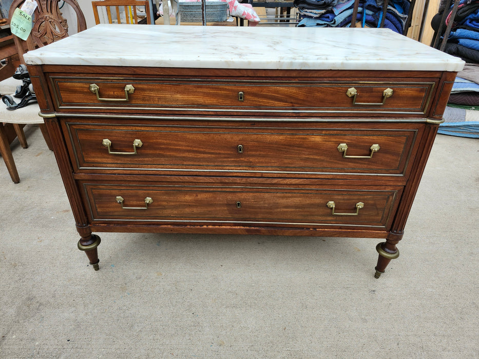 LARGE LOUIS XVI MARBLE TOP MAHOGANY COMMODE
