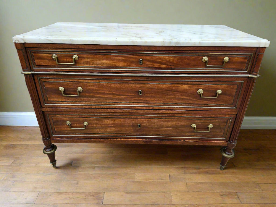 LARGE LOUIS XVI MARBLE TOP MAHOGANY COMMODE