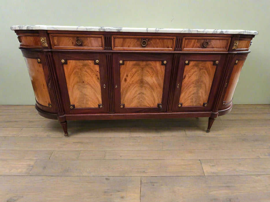 LOUIS XVI DEMILUNE MARBLE TOP MAHOGANY SIDEBOARD