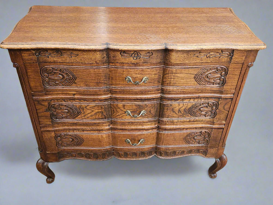 LOUIS XV CARVED OAK 3 DRAWER COMMODE