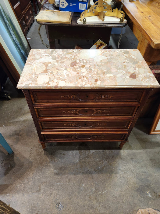 SMALL LOUIS XVI MARBLE TOP 4 DRAWER WALNUT COMMODE