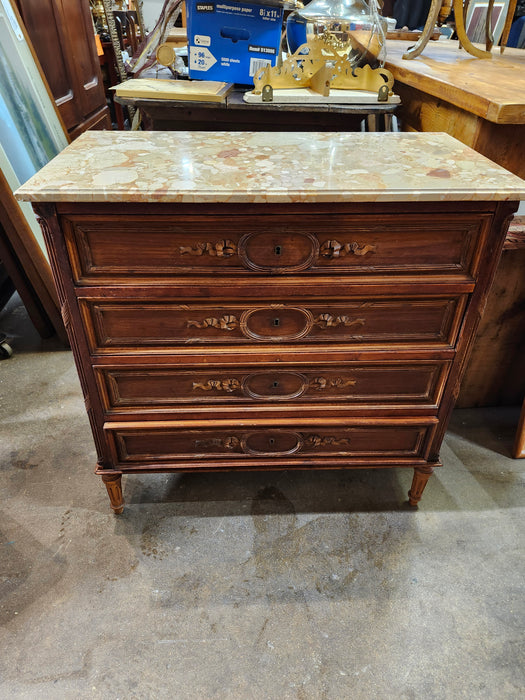SMALL LOUIS XVI MARBLE TOP 4 DRAWER WALNUT COMMODE