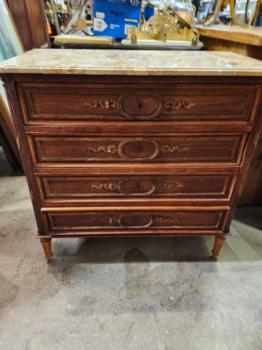 SMALL LOUIS XVI MARBLE TOP 4 DRAWER WALNUT COMMODE