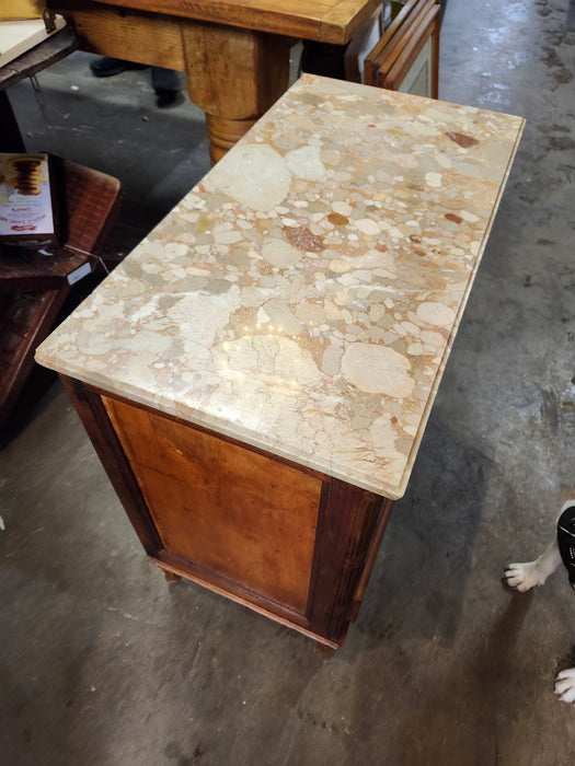 SMALL LOUIS XVI MARBLE TOP 4 DRAWER WALNUT COMMODE
