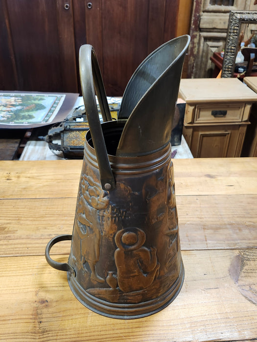 COPPER EMBOSSED PITCHER STYLE COAL HOD