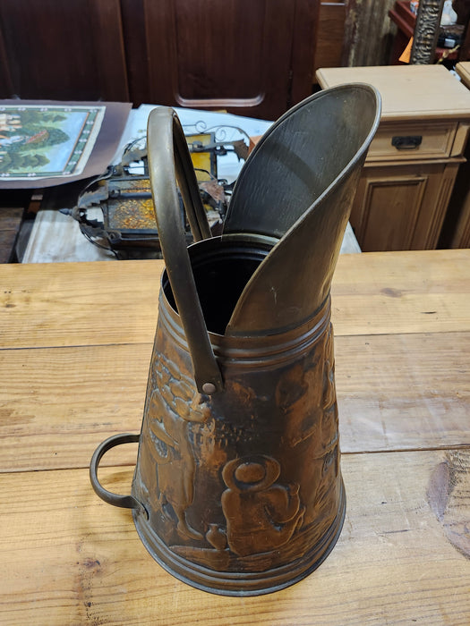 COPPER EMBOSSED PITCHER STYLE COAL HOD