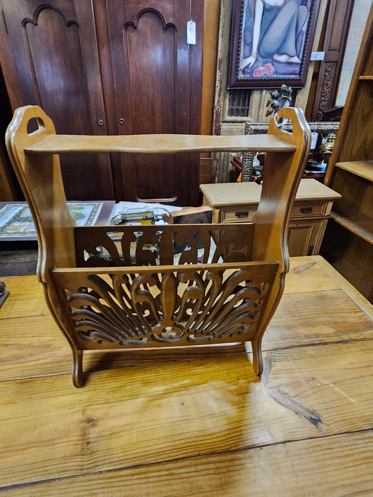 TALL PIERCE  CARVED OAK MAGAZINE STAND