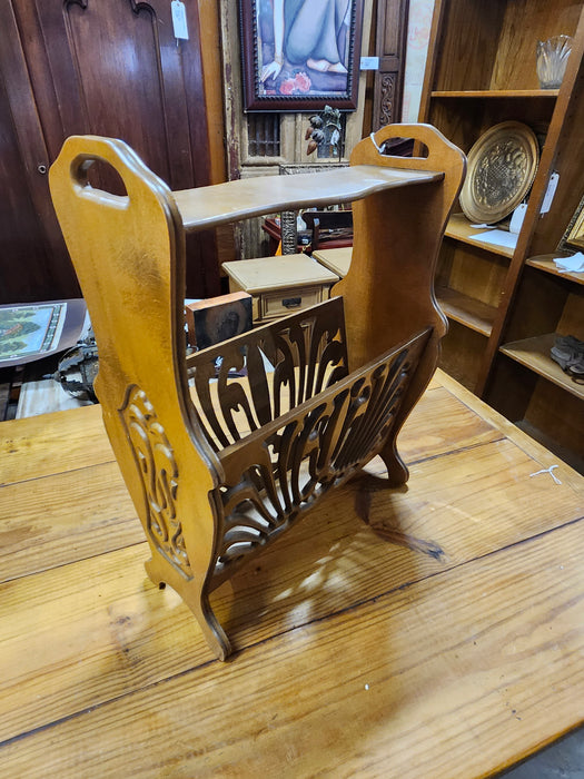 TALL PIERCE  CARVED OAK MAGAZINE STAND