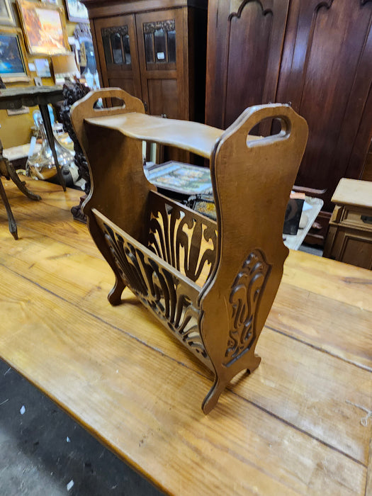 TALL PIERCE  CARVED OAK MAGAZINE STAND