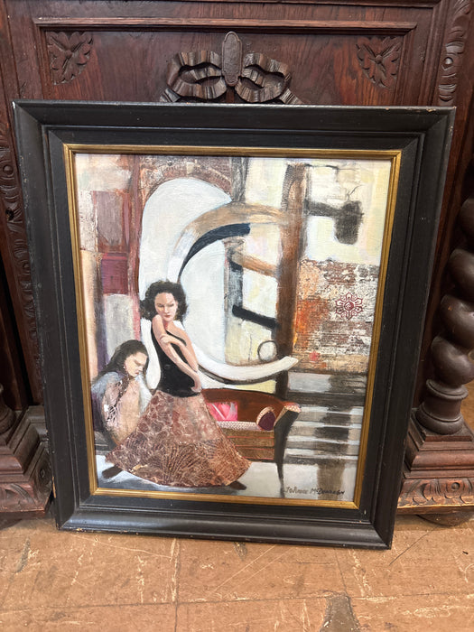 BLACK FRAMED MIXED MEDIA PAINTING OF WOMEN - SIGNED JOANNE MCDONNA