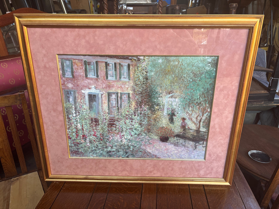 LARGE GOLD FRAMED IMPRESSIONIST PRINT OF HOUSE WITH GARDEN AND PINK MATTE -  SIGNED MELCHER