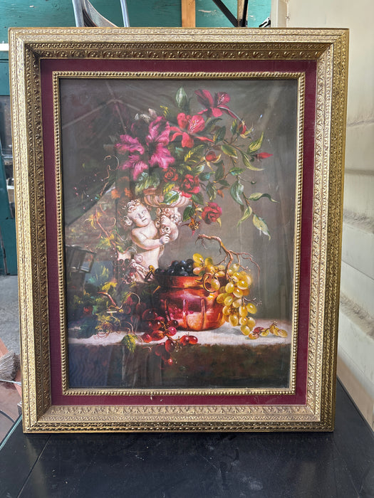 LARGE PLASTIQUE GILT FRAMED PAINTING OF FLOWERS AND FRUIT - SIGNED