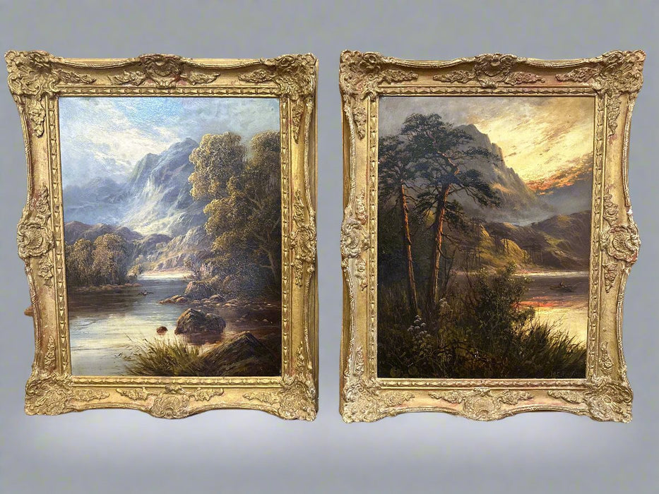 PAIR OF ENGLISH 19TH CENTURY LANDSCAPE MOUNTAINS BY MABEL CANSICK HIDER DATED 1910 "DUCK FLYOVER" AND "GOLDEN HOUR"