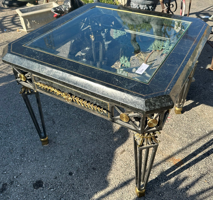 AS FOUND CORNER MAITLAND SMITH METAL AND MARBLE WITH GLASS SIDE TABLE