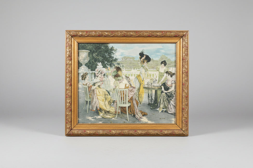 POLYCHROME PRINT OF LADIES SOCIALIZING WITH RED AND GOLD GESSO FRAME - AS FOUND