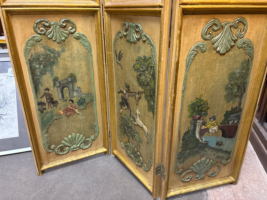 GOLD MID CENTURY 3 PANELED FLORAL SCREEN WITH PEOPLE