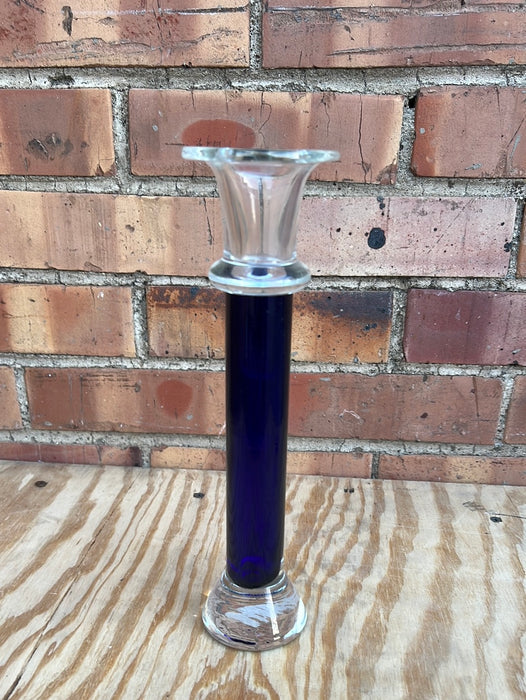 SINGLE COBALT AND CLEAR GLASS CANDLESTICK