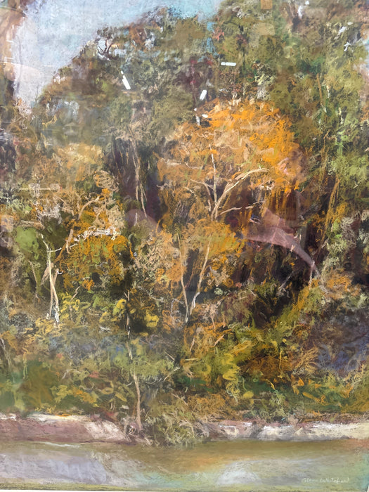 LARGE WALNUT FRAMED PAINTING OF COLORFUL JUNGLE TREES - SIGNED GLENN WHITEHEAD