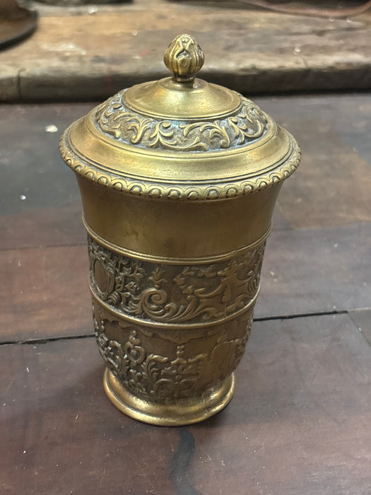 INDIAN BRASS CANNISTER WITH RELIEF