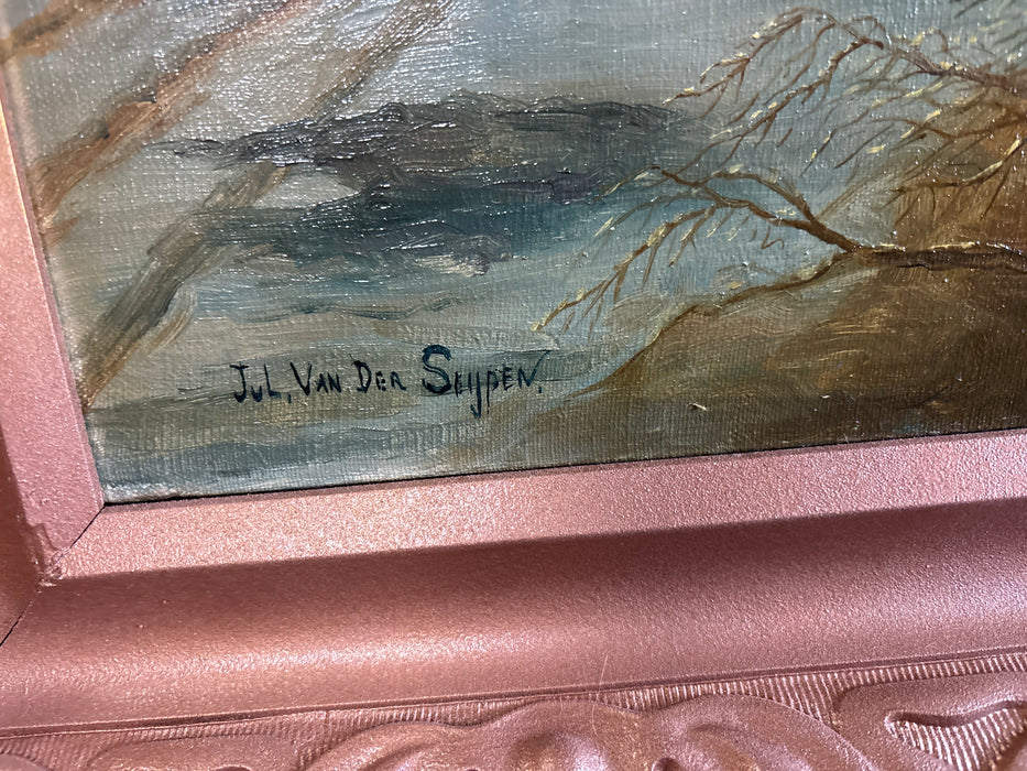 PINK FRAMED SNOW DAY OIL PAINTING - SIGNED JUL. VAN DER SIYPEN