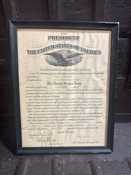 SMALL SIMPLE BLACK FRAMED U.S ARMY OFFICER COMMISSION CERTIFICATE - AS FOUND