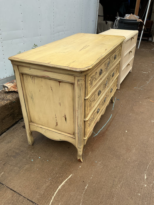LOUIS XV PAINTED OAK 3 DRAWER CHEST - MAKERS MARK JOHN WIDDICOMB