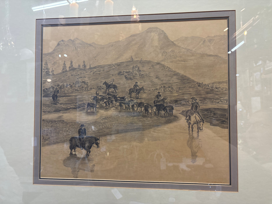 FRAMED WESTERN PENCIL DRAWING OF MEN HERDING COWS TO WATER SPOUT