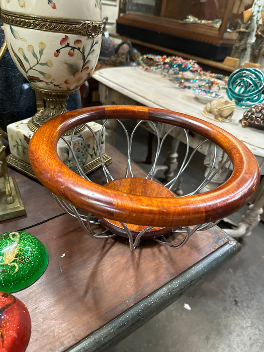 CHROME AND WOOD BOWL BASKET