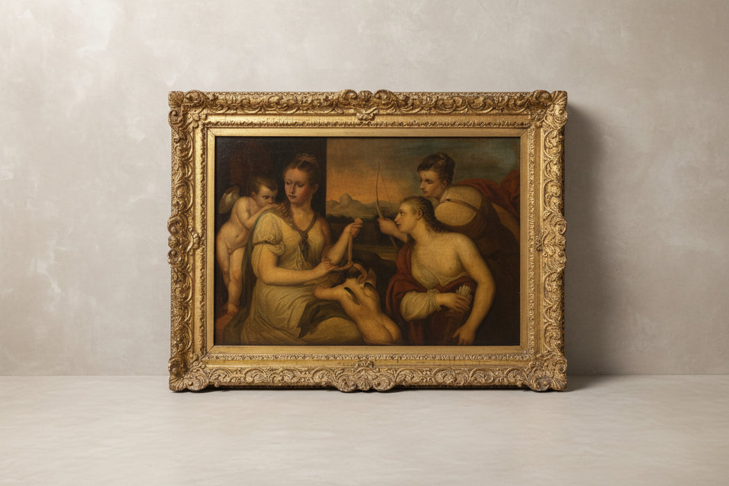 LARGE GOLD ORNATE WOOD FRAMED PAINTING OF WOMEN AND CUPIDS TITLED "VENUS BLINDFOLDING CUPID”