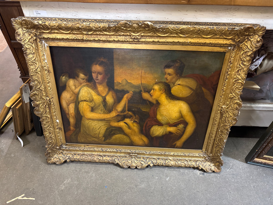 LARGE GOLD ORNATE WOOD FRAMED PAINTING OF WOMEN AND CUPIDS TITLED "VENUS BLINDFOLDING CUPID”