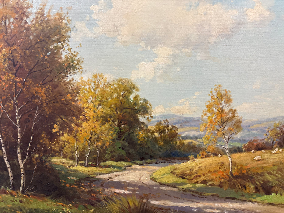 GILT FRAMED OIL PAINTING OF ROADSIDE FOREST WITH SHEEP - SIGNED CHAS, WORCESTER