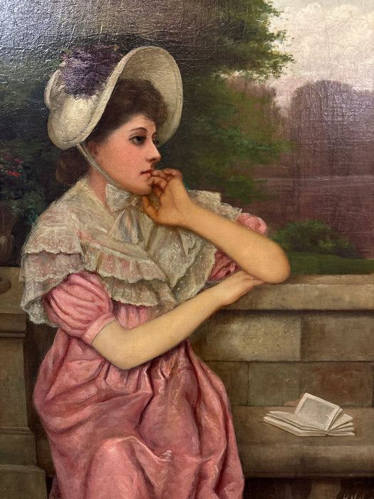 ORNATE GILT FRAMED OIL PAINTING ON CANVAS OF WOMAN IN PINK DRESS - SIGNED HERMAN HYNEMAN