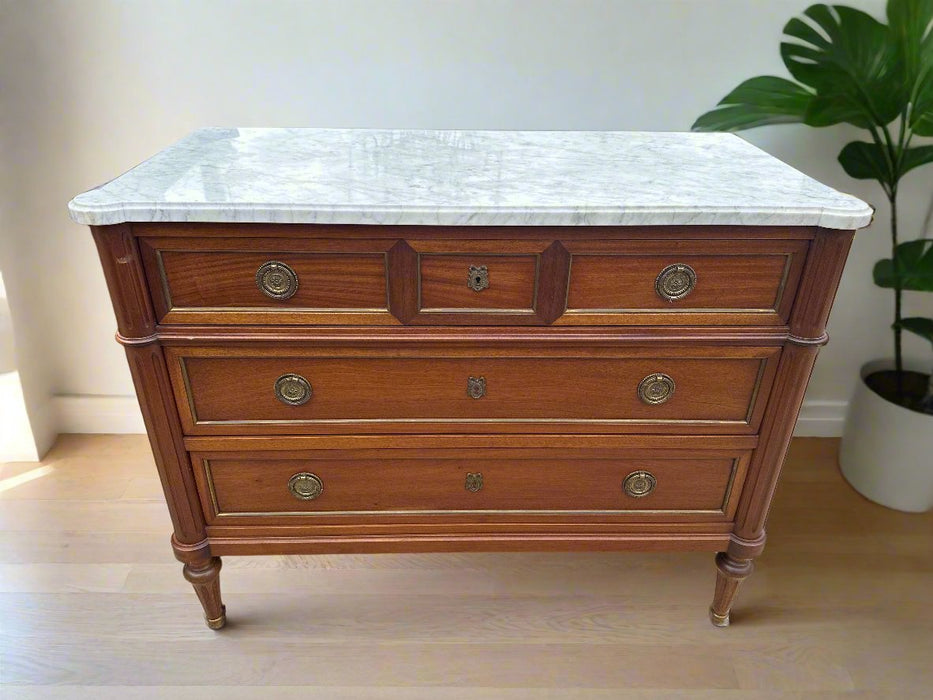 LOUIS XVI MAHOGANY MARBLE TOP 5 DRAWER CHEST