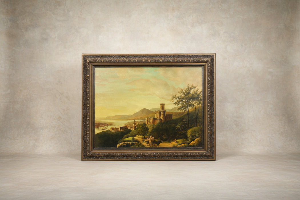 VINTAGE FRAMED CASTLE OVERLOOKING VILLAGE LANDSCAPE OIL PAINTING ON CANVAS