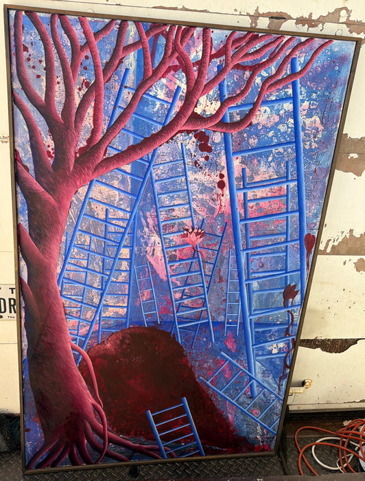 LARGE SURREAL LADDERS WITH TREE OIL PAINTING