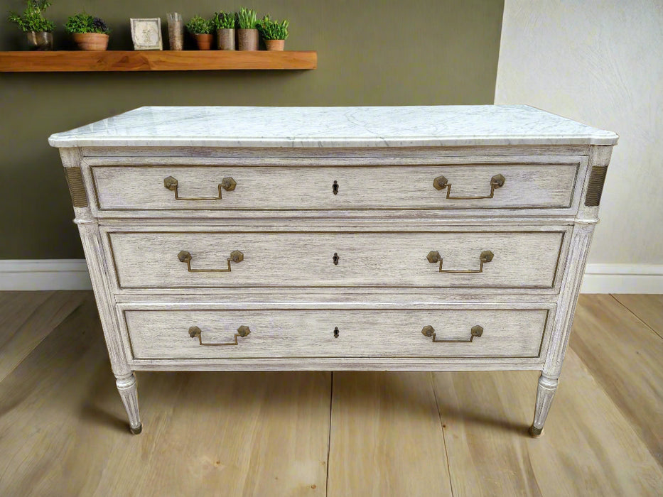 LOUIS XVI PICKELD OAK 3 DRAWER WHITE MARBLE TOP CHEST